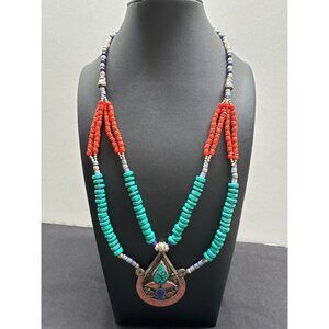 Tibetan Multicolor Beaded Necklace Turquoise Coral Lapis Sterling Silver Pendant